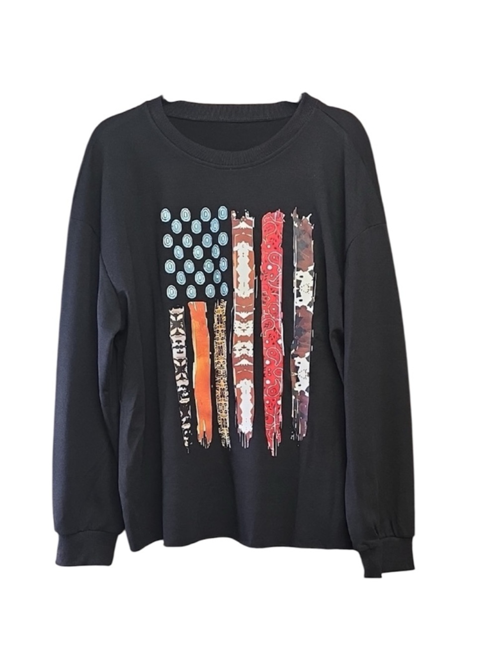 NIP Black Decorative Western Themed American Flag Long Sleeve Top Size XL P2P 24 - Picture 2 of 5
